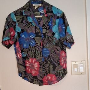 Floral Black Blouse with Blue and Red Accents